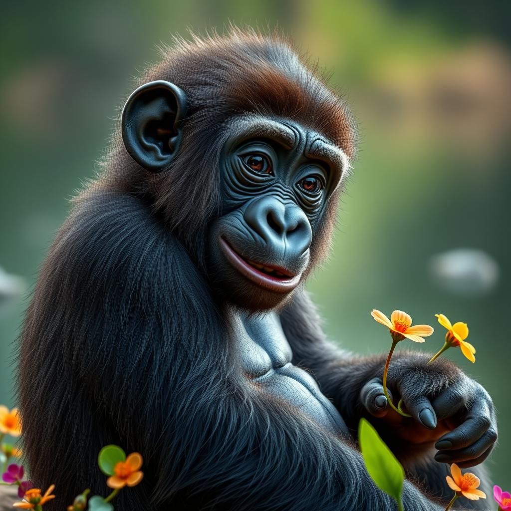 Playful Gorilla with Colorful Flowers, Photorealistic 4K