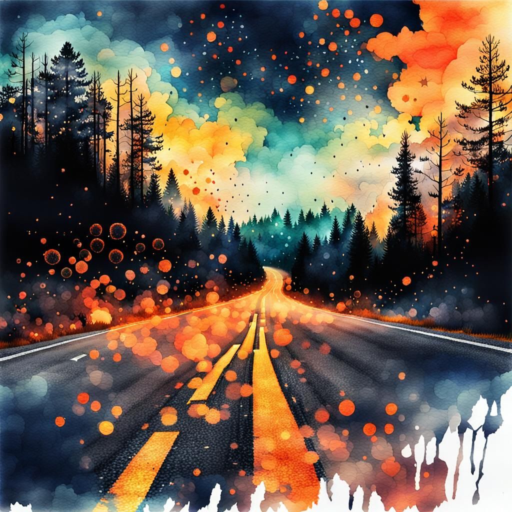 Forest Fire Road: Watercolor Double Exposure Splash Art