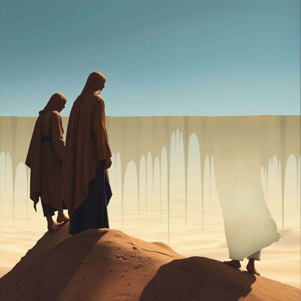 Surreal Desert Horizon Climbed by Faceless Figures