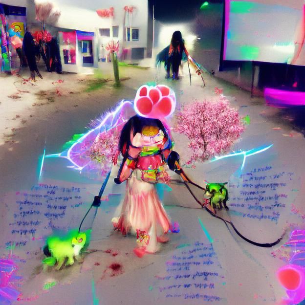 Asian Girl Walking Cat Fairy Monster in Neon Park