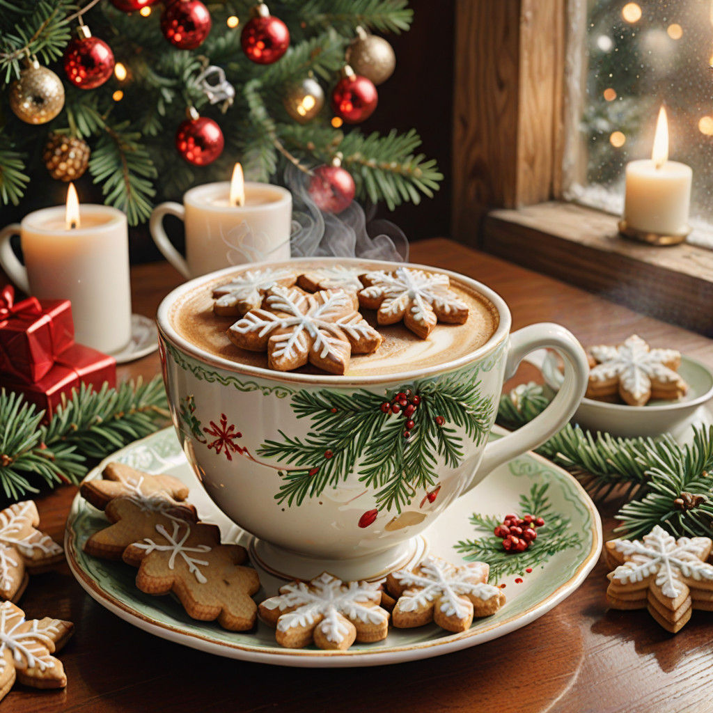 Coffee, Christmas cookies frosted evergreen sprigs Christmas ornament clip art in festive Christmas colors