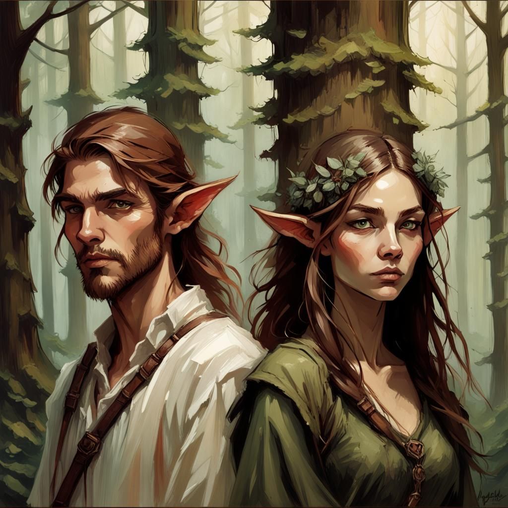 Wood Elf Druids in Magical Forest, Dark Fantasy Art