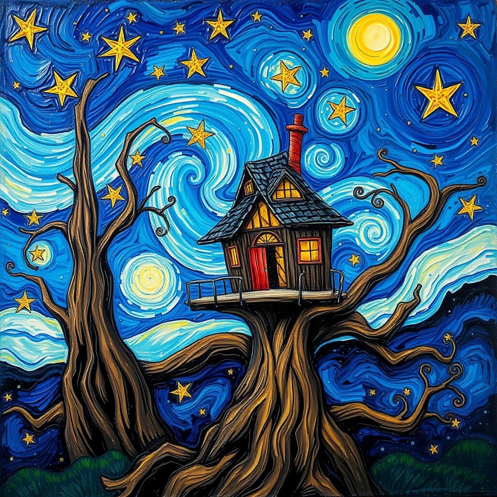 Dreamy Treehouse under Starry Night Sky in Post-Impressionis...