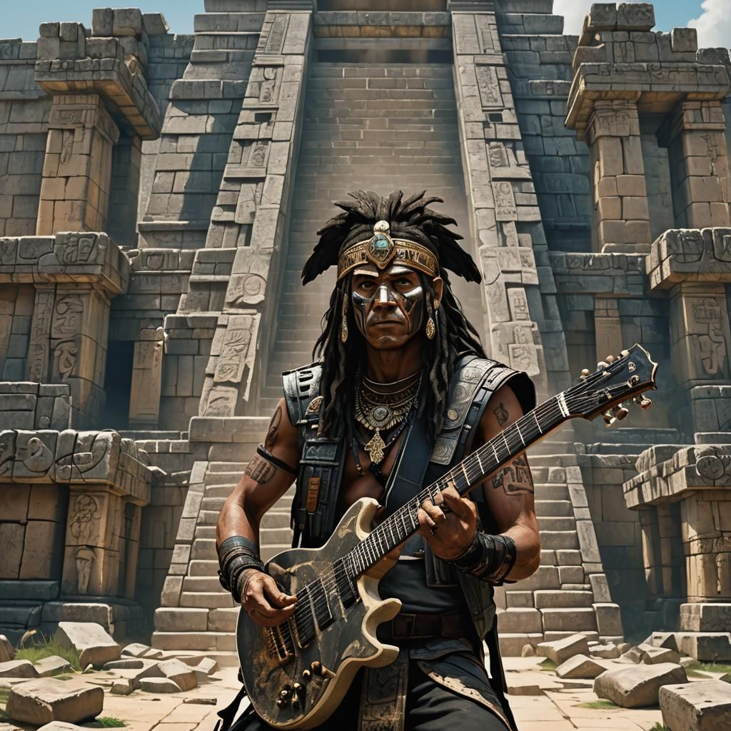 Mayan Metal Guitarist in Ancient Ruins, Digital Art