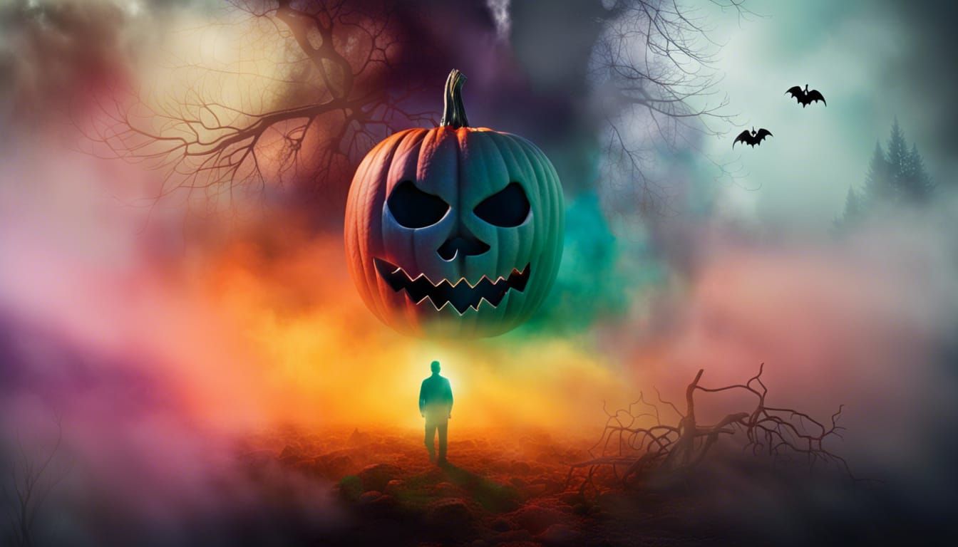 Eerie Pumpkin Figure in Misty Halloween Landscape
