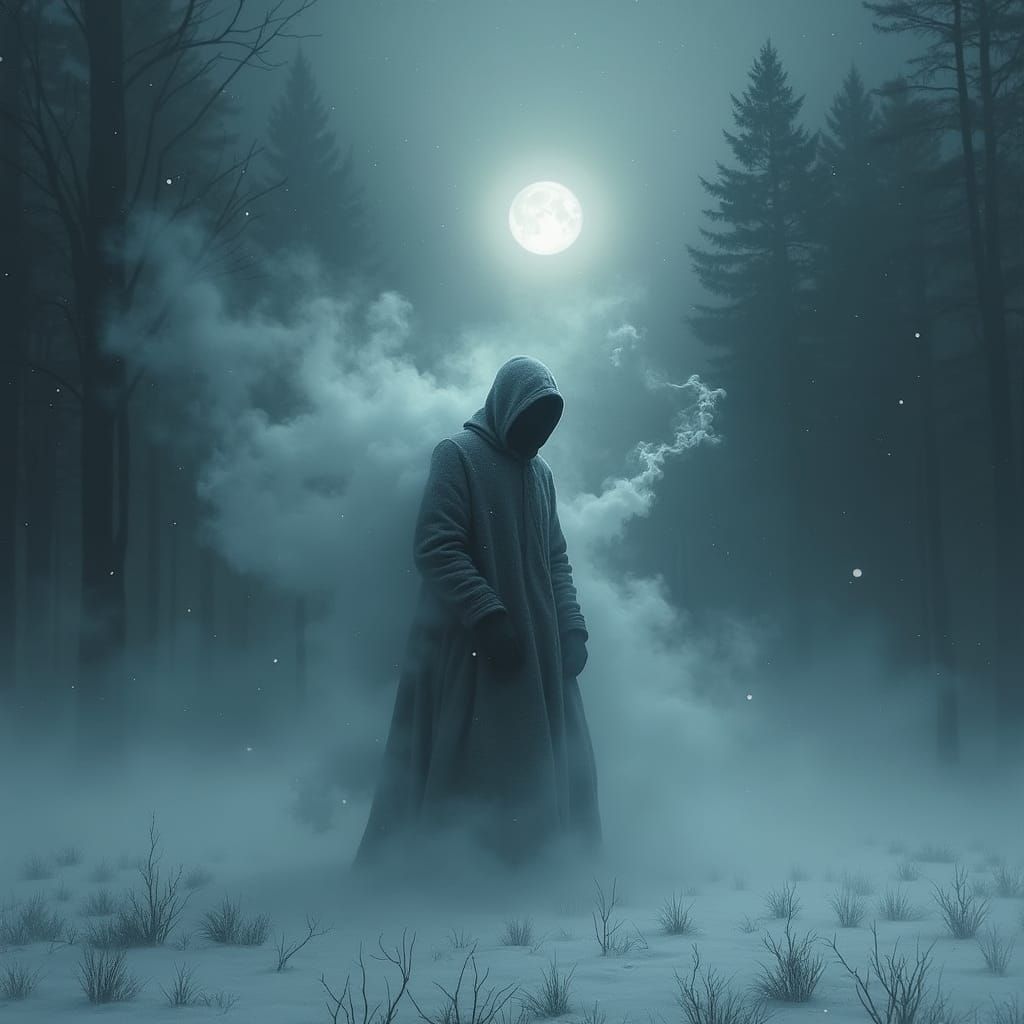 Mystical Hooded Figure in Winter Landscape