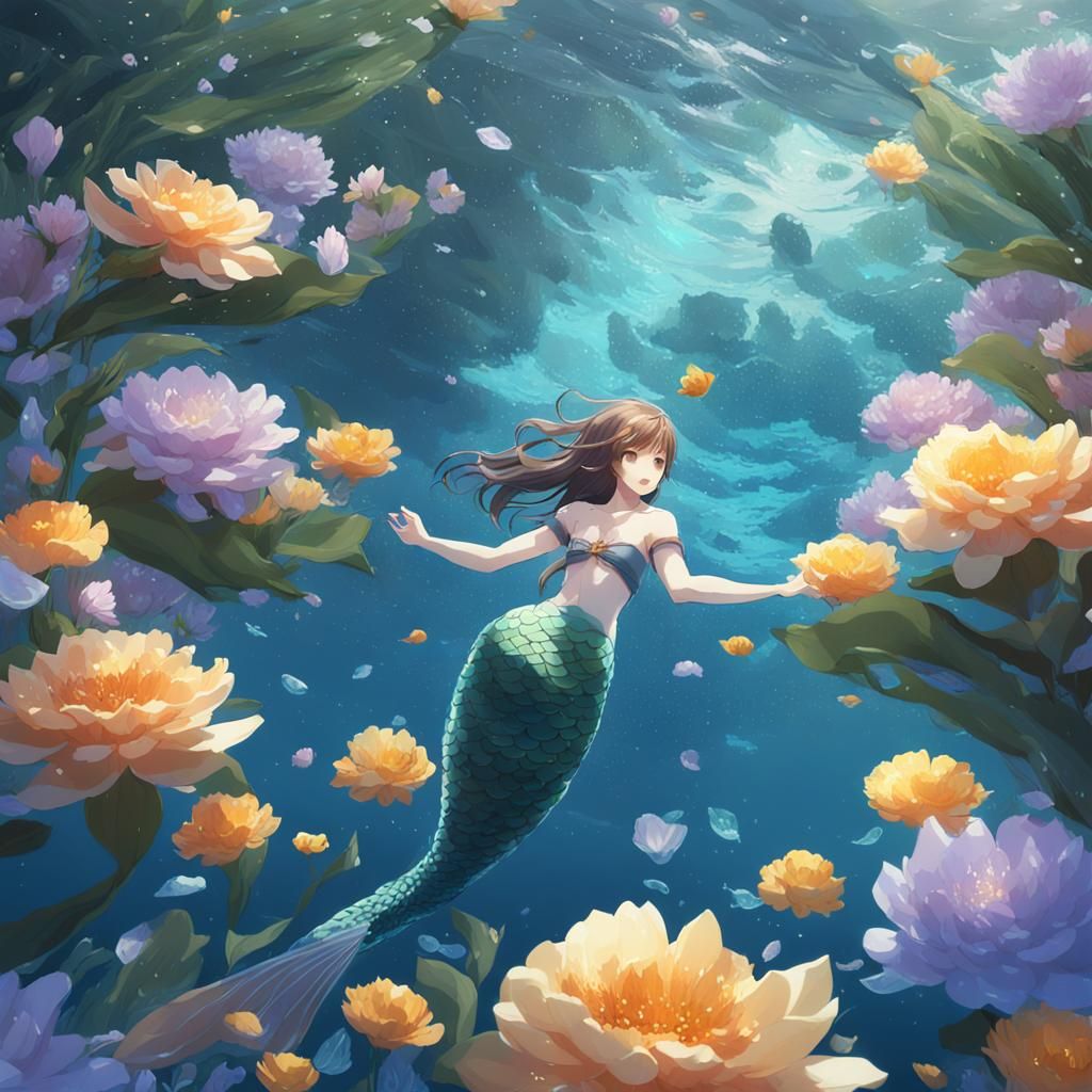 Anime Mermaid Swimming with Flowers in Water