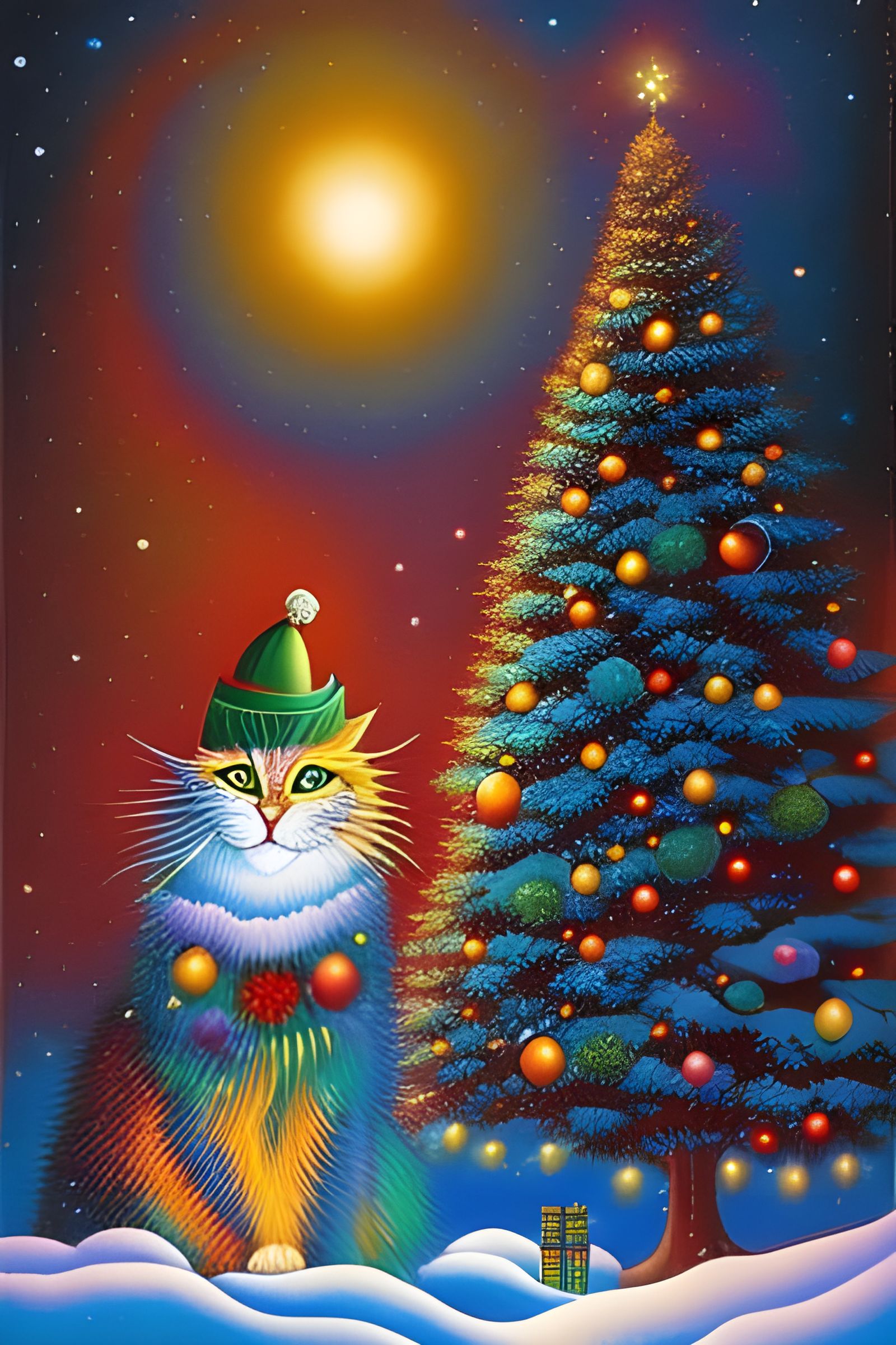 New Year Cat with Christmas Tree in Magic Realism