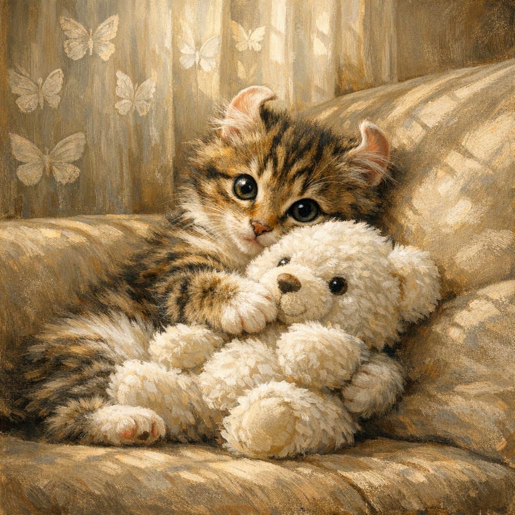 Kitten Cuddles Teddy Bear in Soft Sunlight