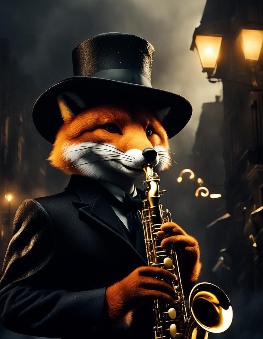 Film Noir Fox Playing Saxophone in Jazz Club