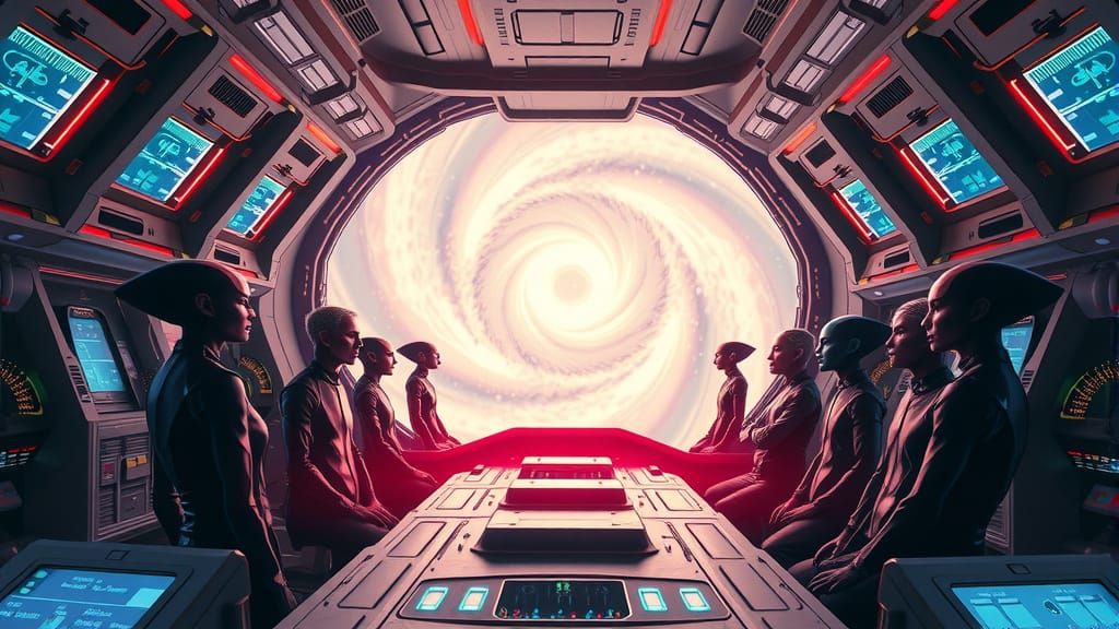 Alien Crew Prepares for Wormhole Travel in Cyberpunk Style