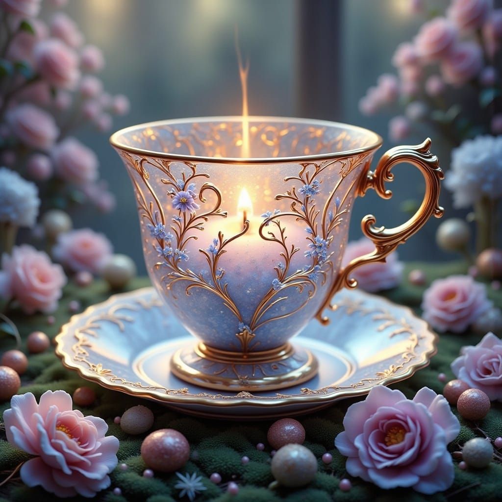 Ornate Glass Teacup with Filigree in Dreamlike Style