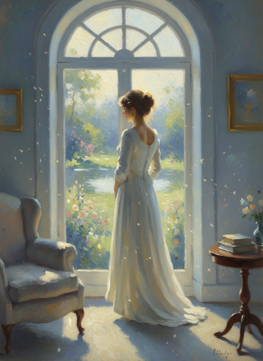 Woman Gazing Out Sunlit Window in Impressionist Style