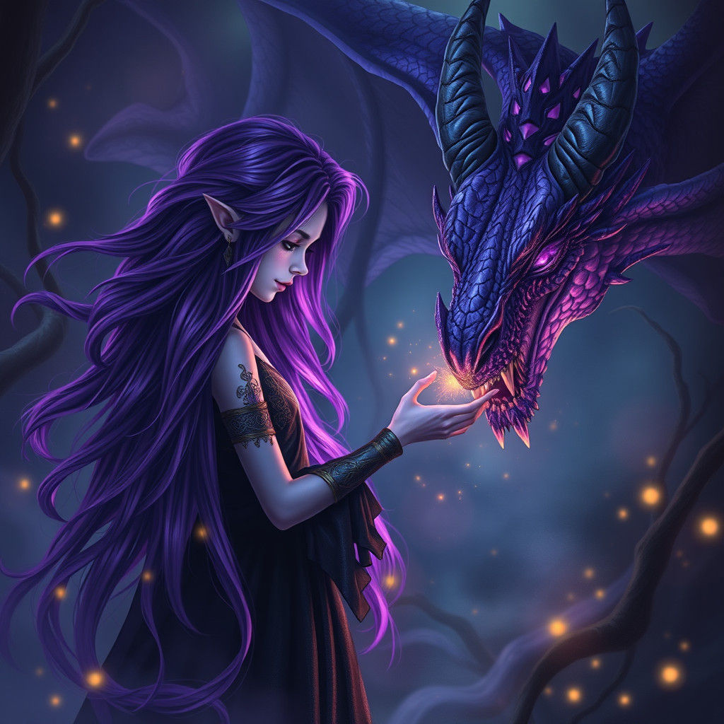 Drow Girl Befriends Purple Dragon in Dreamlike World