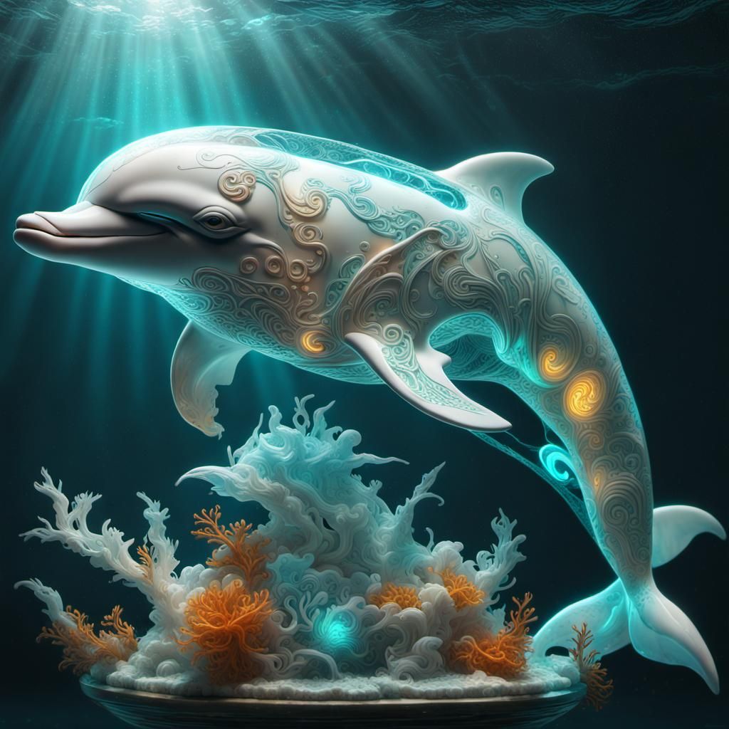 Luminous Underwater Dolphin in Filigree Marble Style