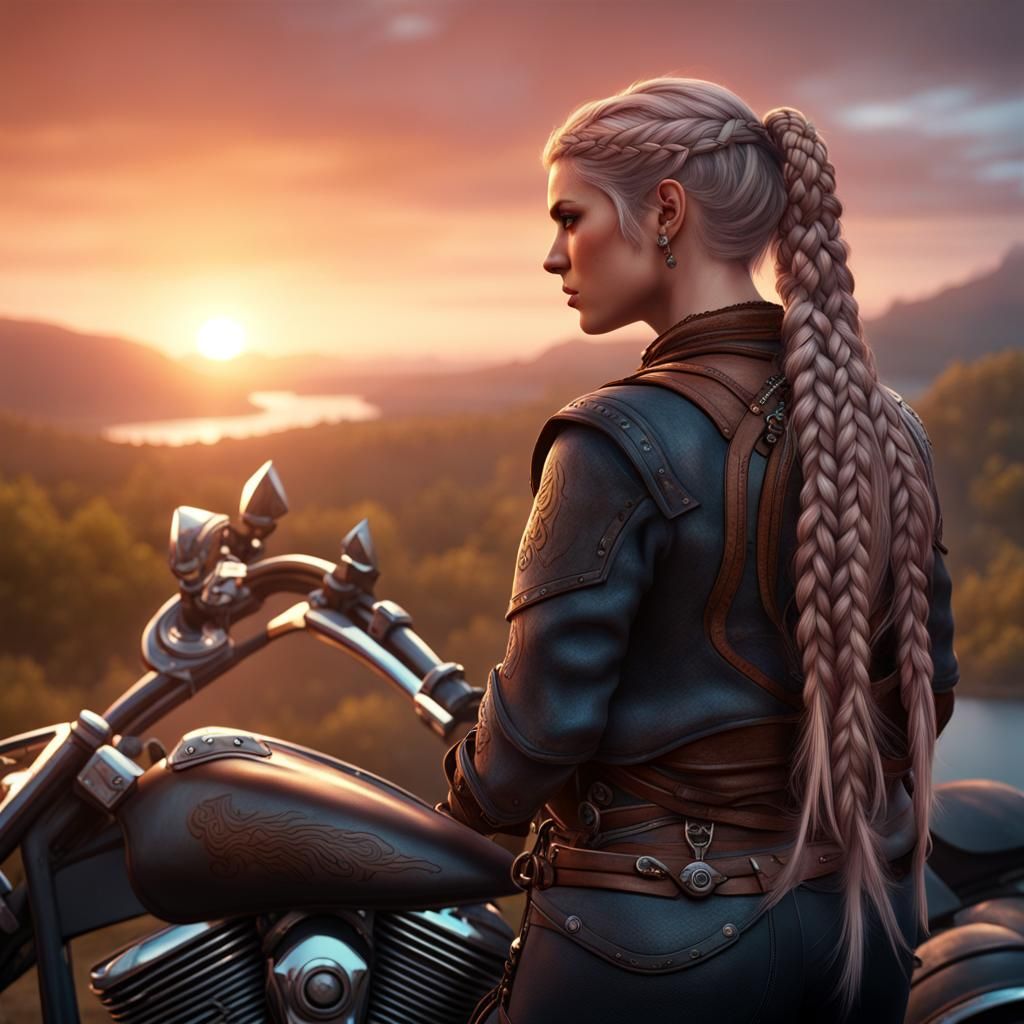Viking Biker on Harley at Sunset: Fantasy Art