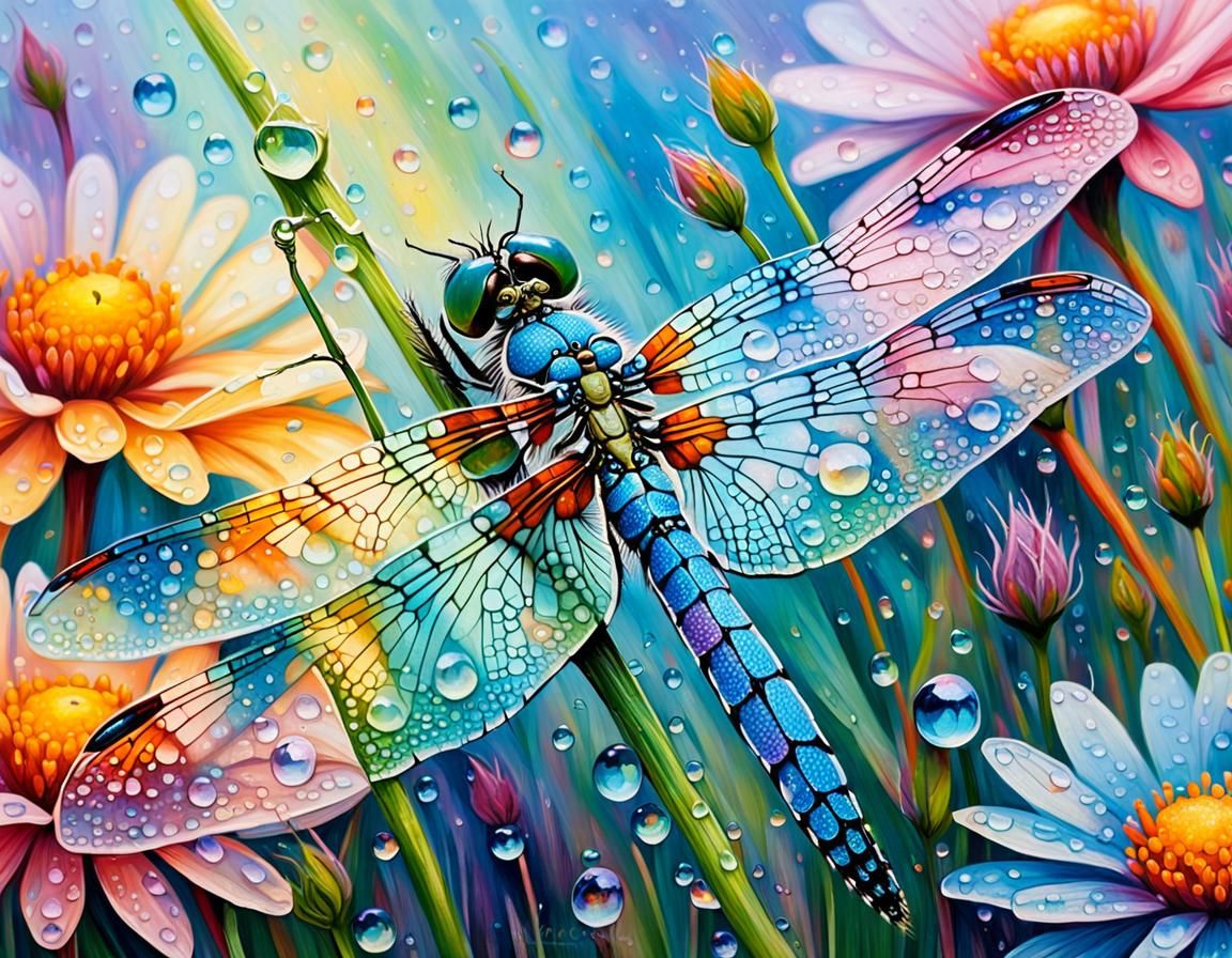Opalescent Dragonfly on Meadow: Expressionist Macro