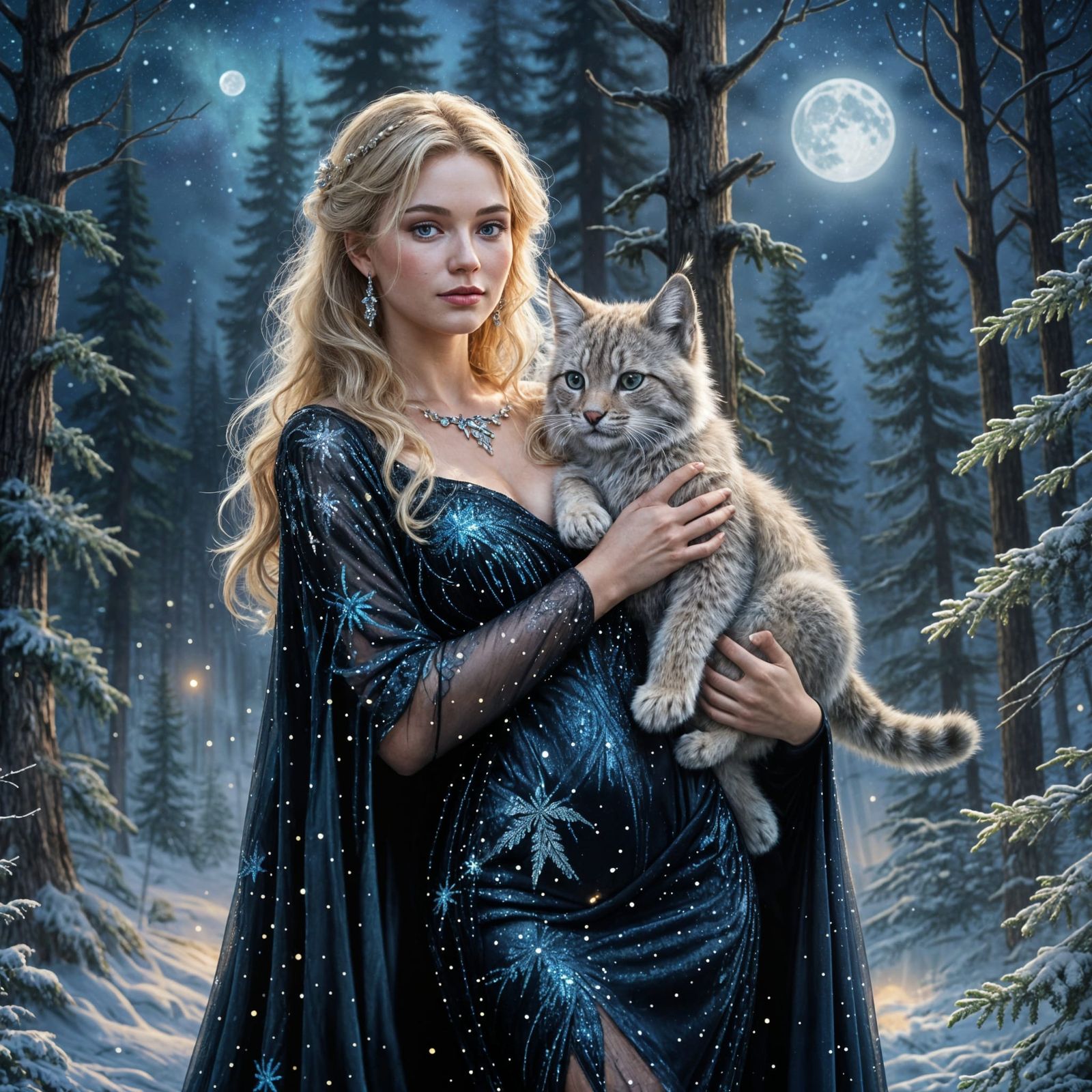 Ethereal Winter Goddess with Lynx Cub