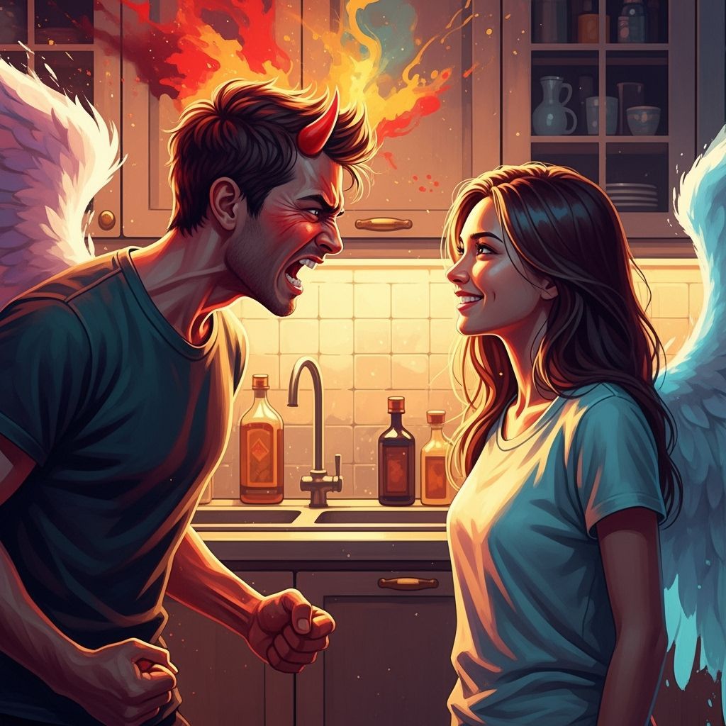 Angelic Woman and Furious Man in Dramatic Kitchen Scene