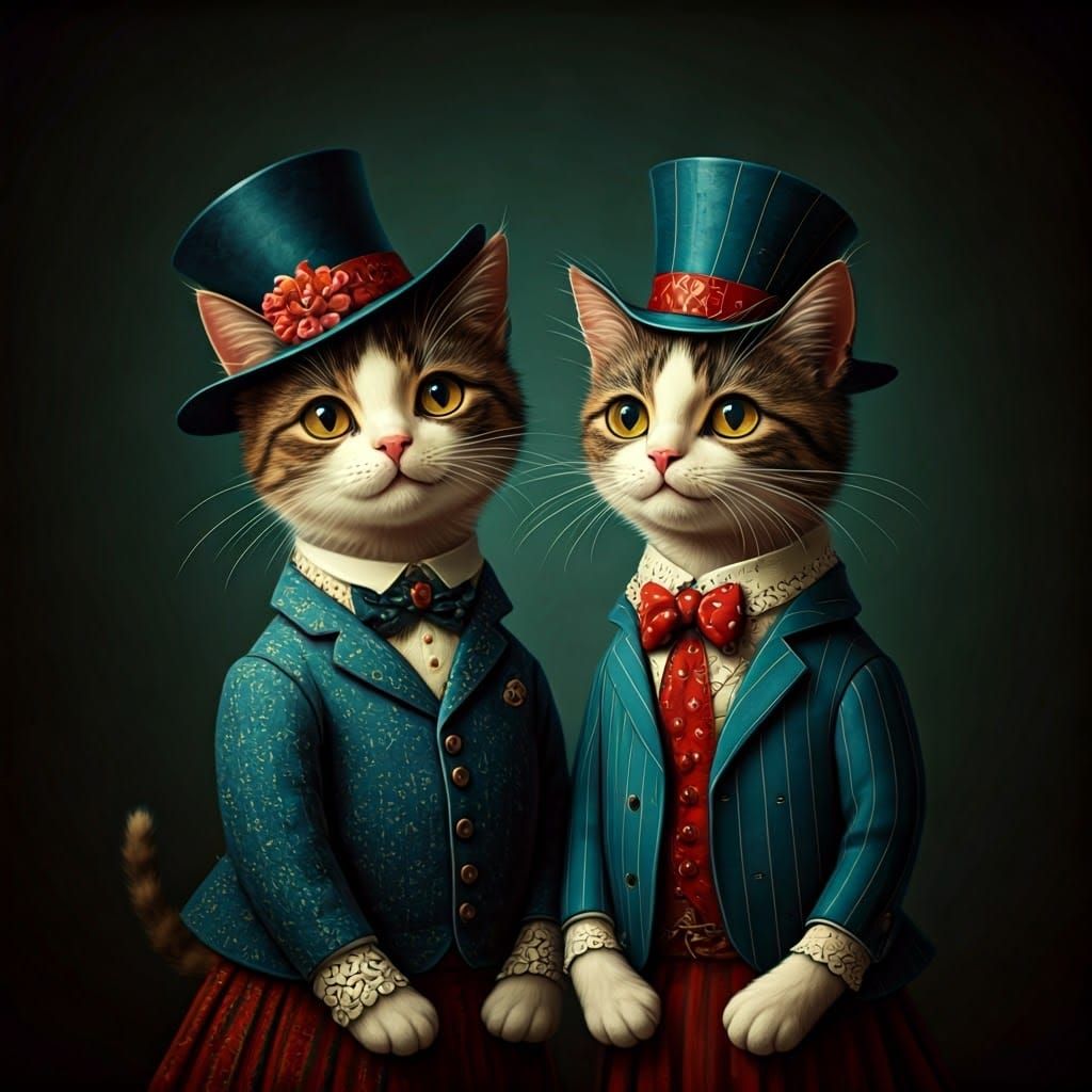Cats Dressed Up in Folk Art Style