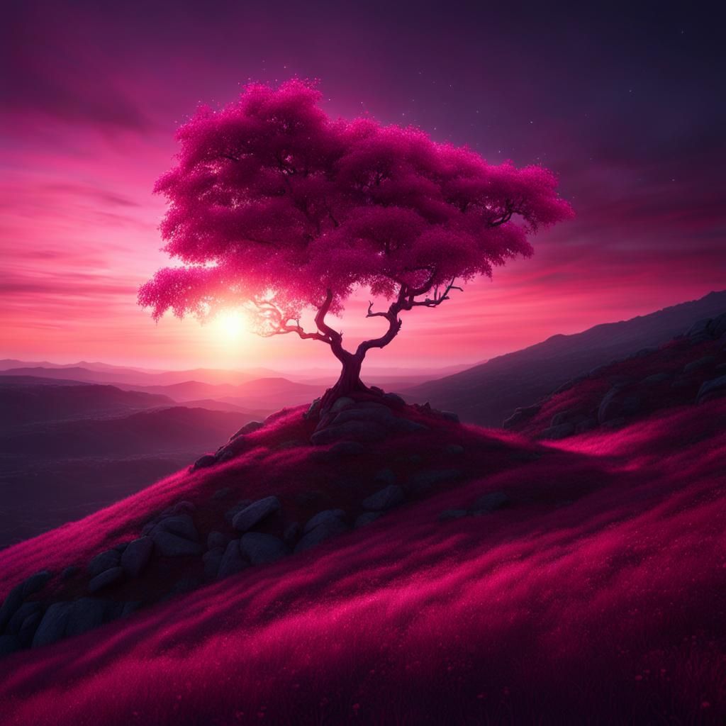 Pink Tree Sunset: Mystical Night Photography