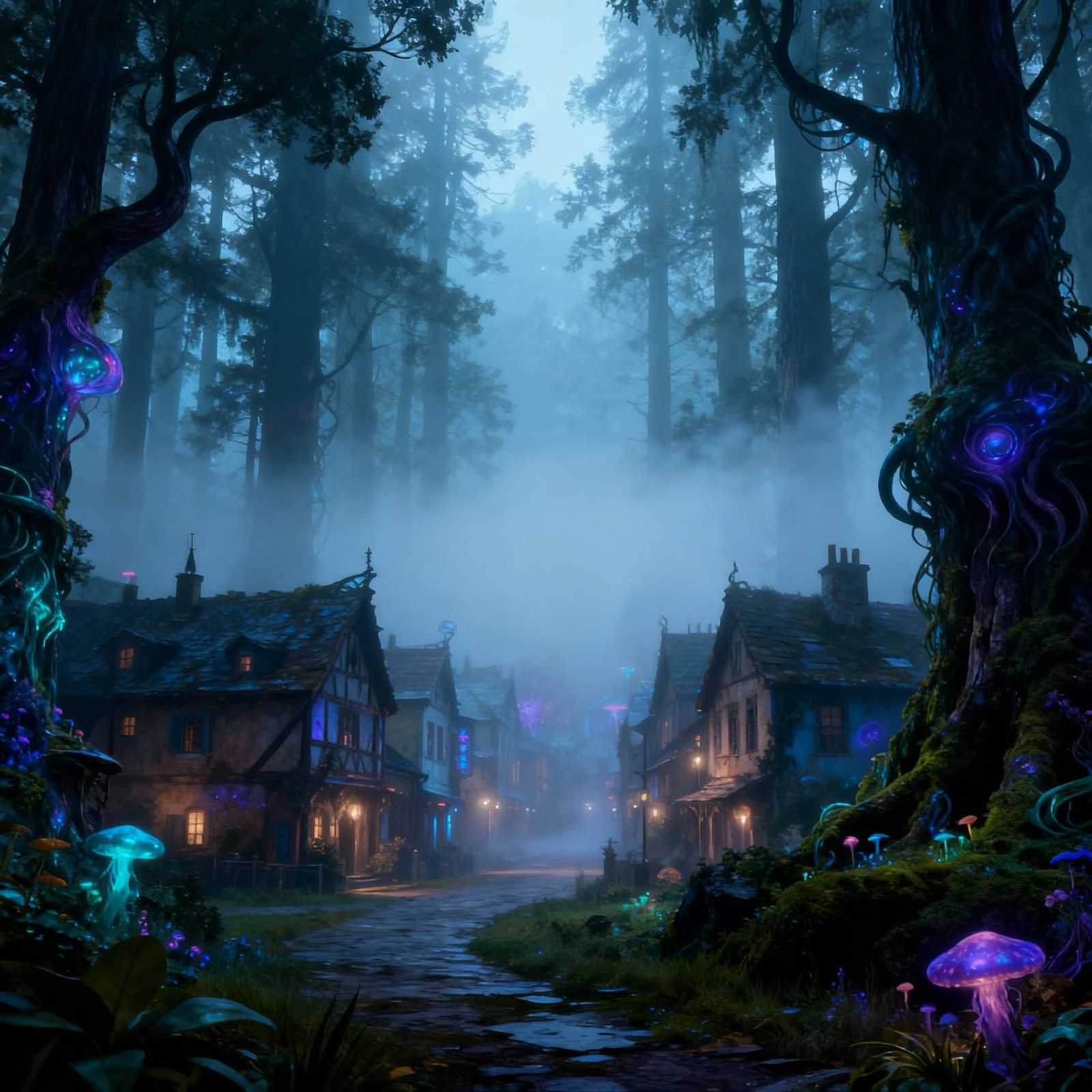 Misty Forest Town in Fantastical Matte Painting Style