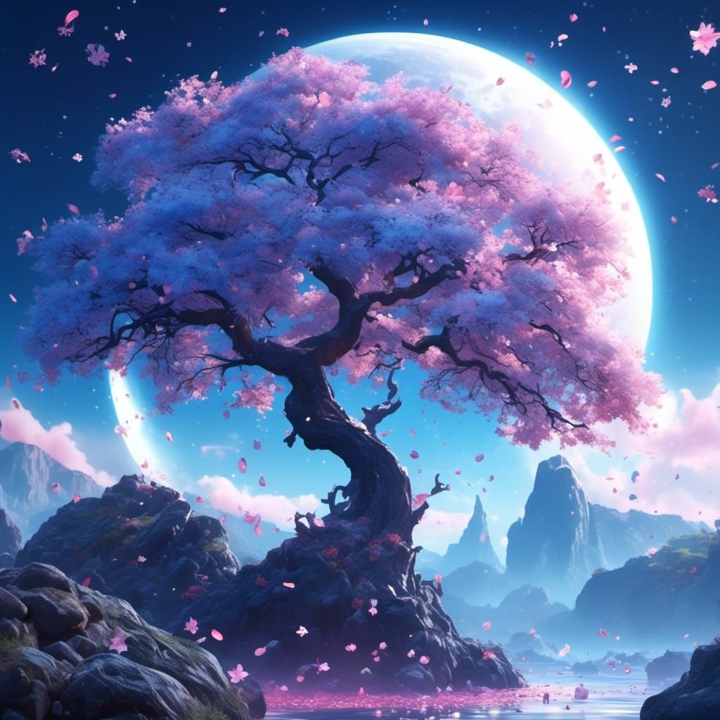 Anime Cherry Tree Under Moonlight in 3D Style