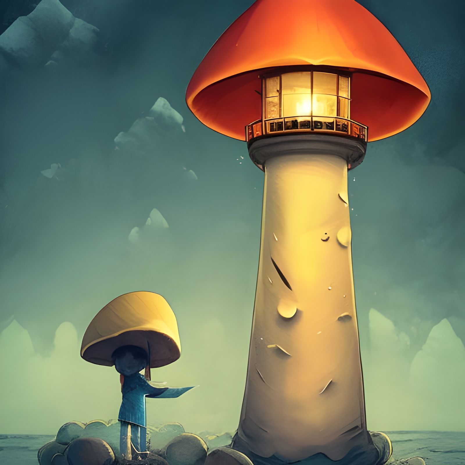 Origami Lighthouse on Mushroom: Japanese Art Style