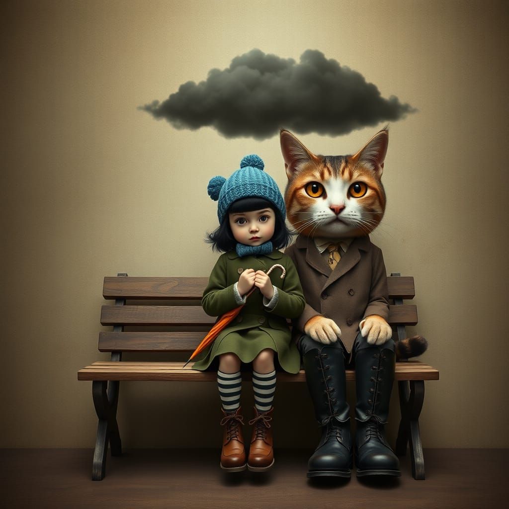 Girl and Giant Cat in Surreal Whimsical Scene