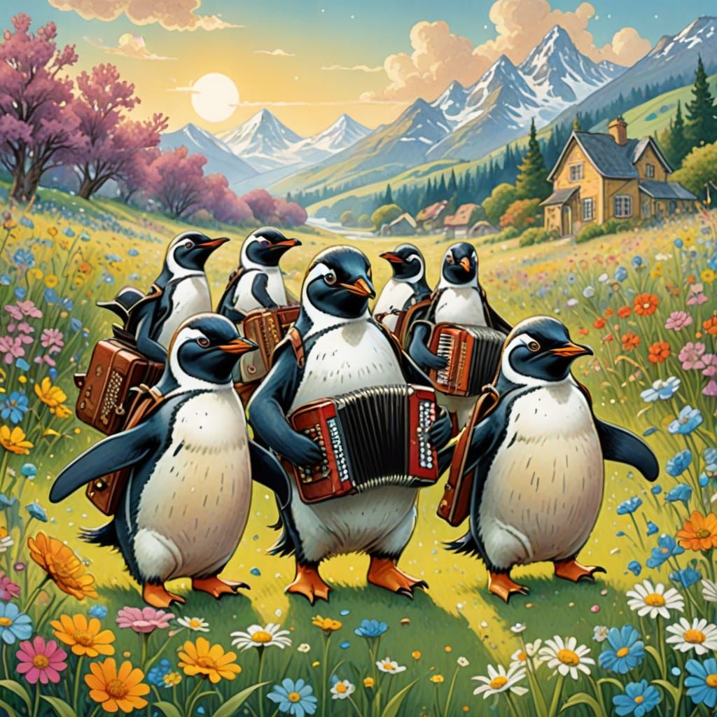 Penguins in Lederhosen with Accordions in Surreal Meadow