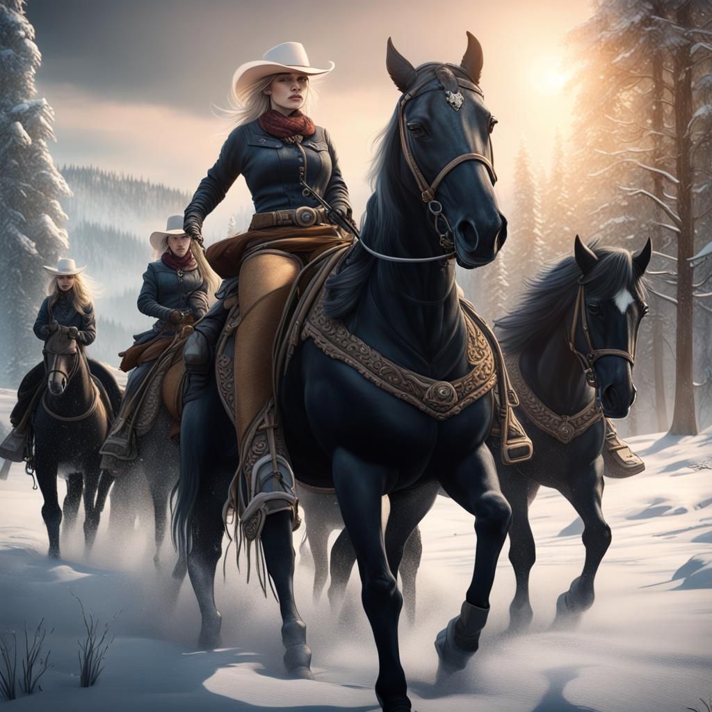Blonde Cowgirls on Black Horses in Snow