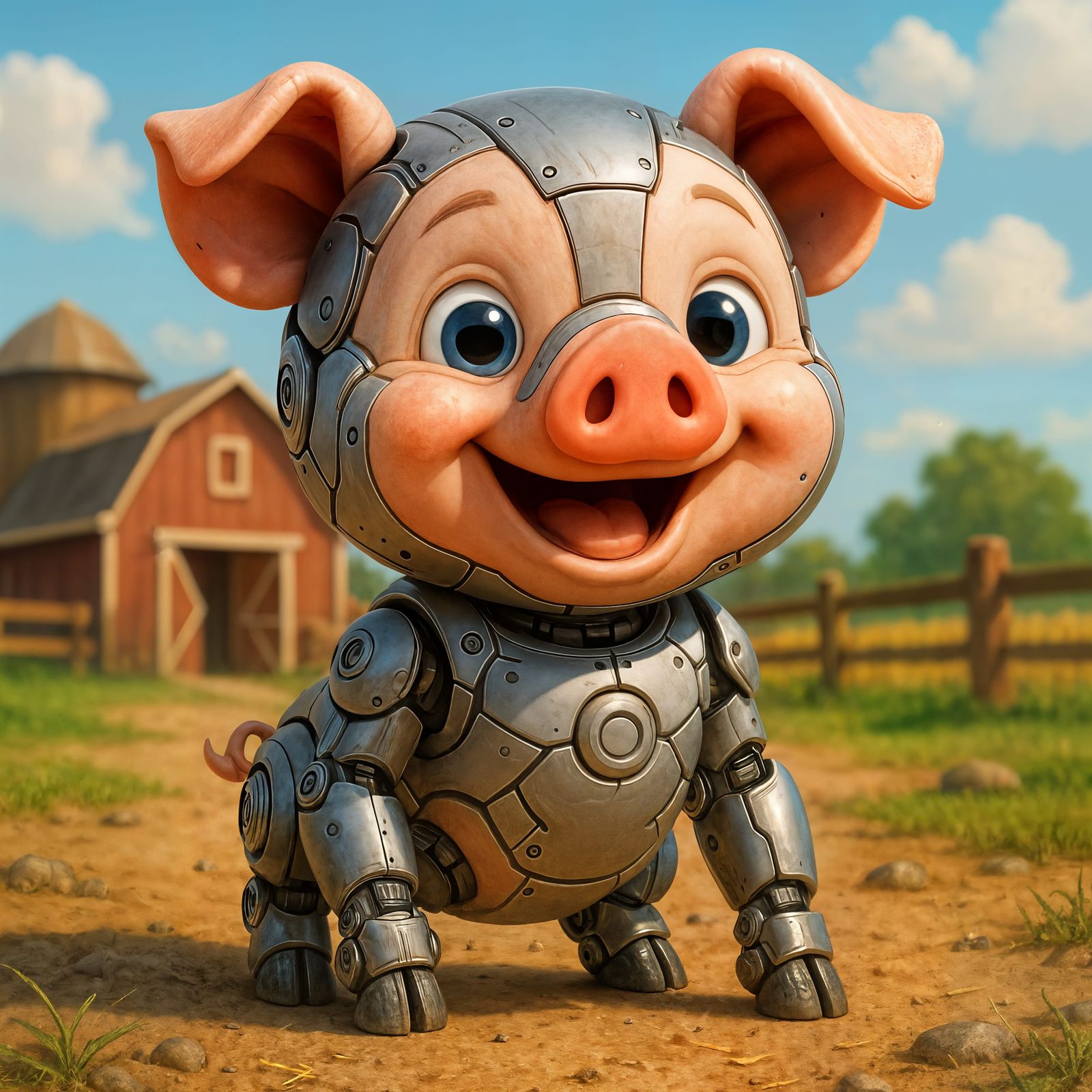 Adorable CGI Cartoon Cyborg Pig on the Farm
