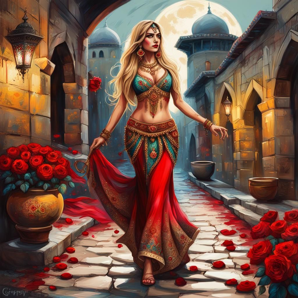 Persian Princess in Moonlight: Graffiti Art Style