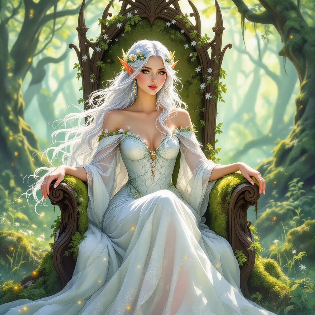 Serene Elven Queen on Moss Throne in Sunlit Forest Clearing