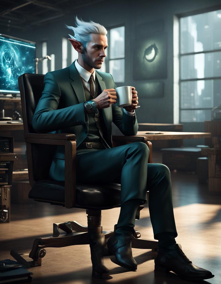 Elegant Elf Minister in Cyberpunk Office, Hyperreal CGI