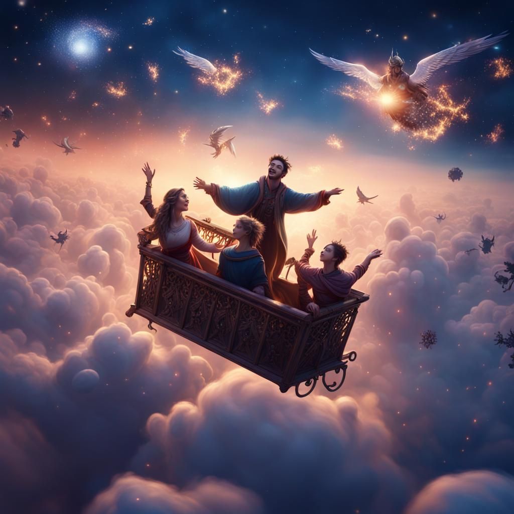 People Flying in Magical Night Sky