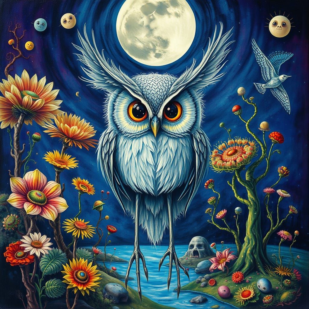 Whimsical Owl-Moth Hybrid in Surreal, Impasto Style