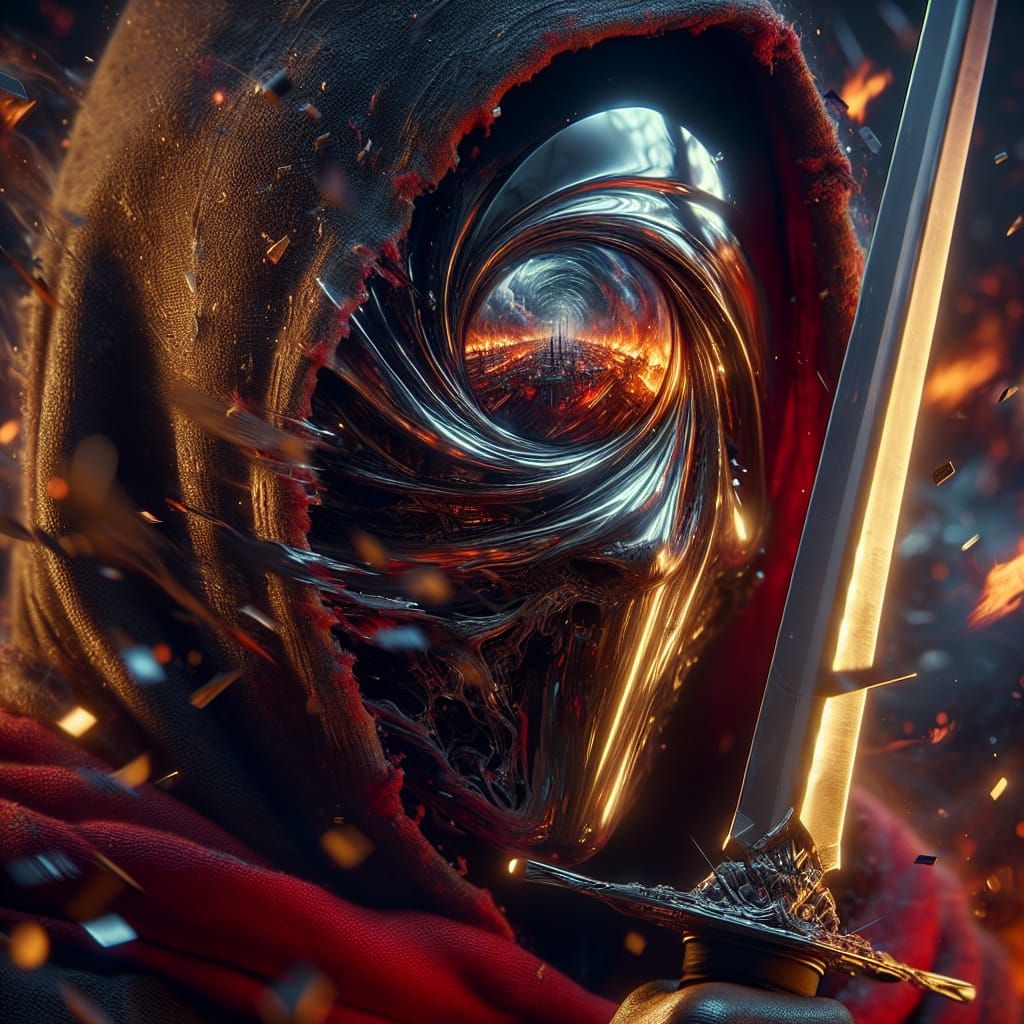 Cloaked Figure with Sword in Hypermaximalist Matte Painting