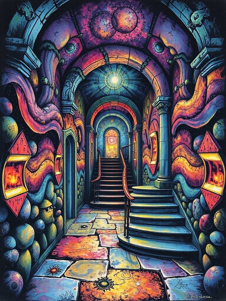 Vibrant Mystical Halls Unfold in Psychedelic Wonder