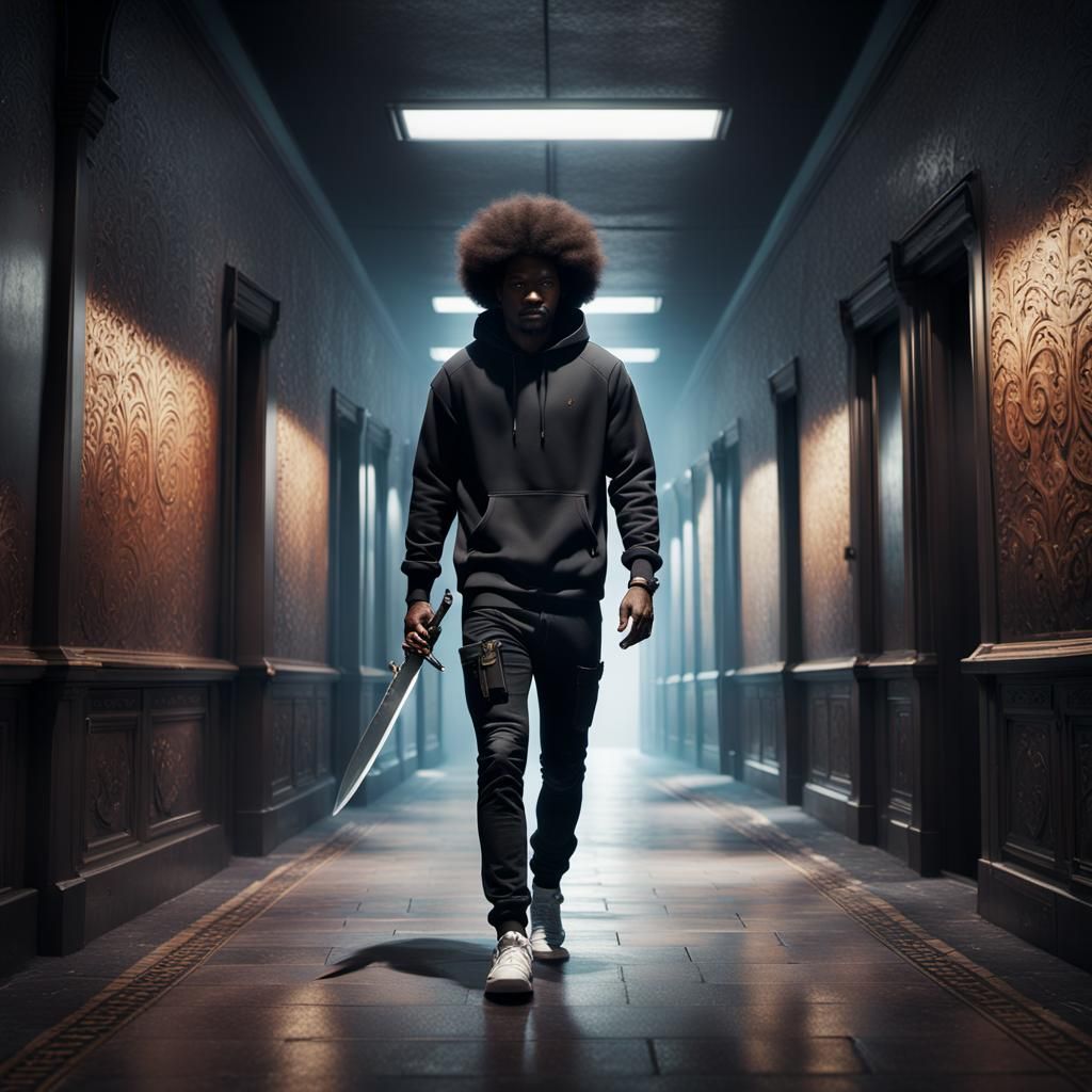 Detailed Painting: Man in Hoodie with Knife