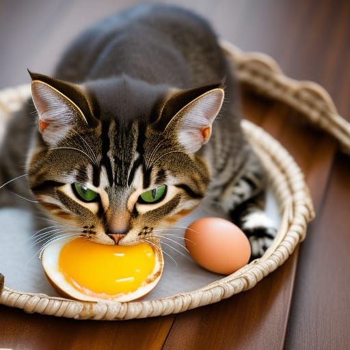 Cute Cat Eats Fried Egg: Hyperdetailed Photography