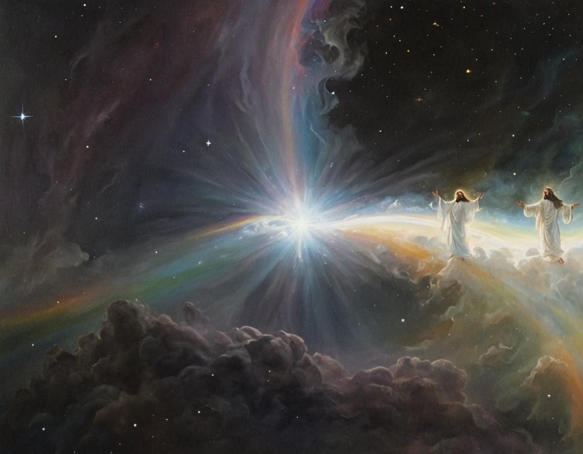 Surrealist Oil Painting: Jesus and Djinn with Rainbow