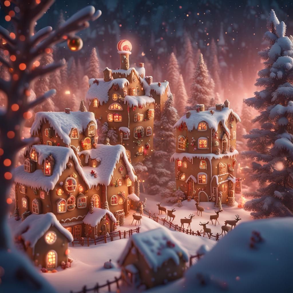 Christmas Wonderland with Flying Reindeer, Matte Painting