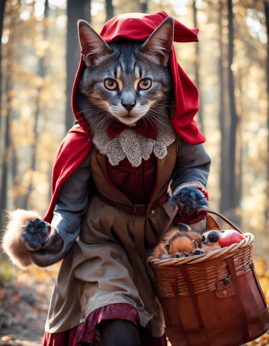 Silver Maiden in a Whimsical Red Hooded Gown