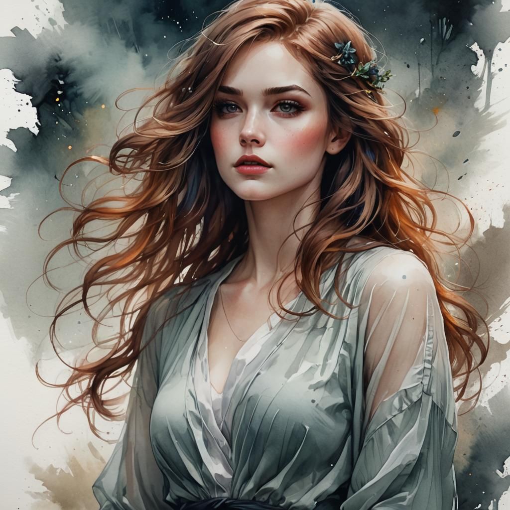 Watercolor Painting of a Beautiful Woman in Impressionist St...