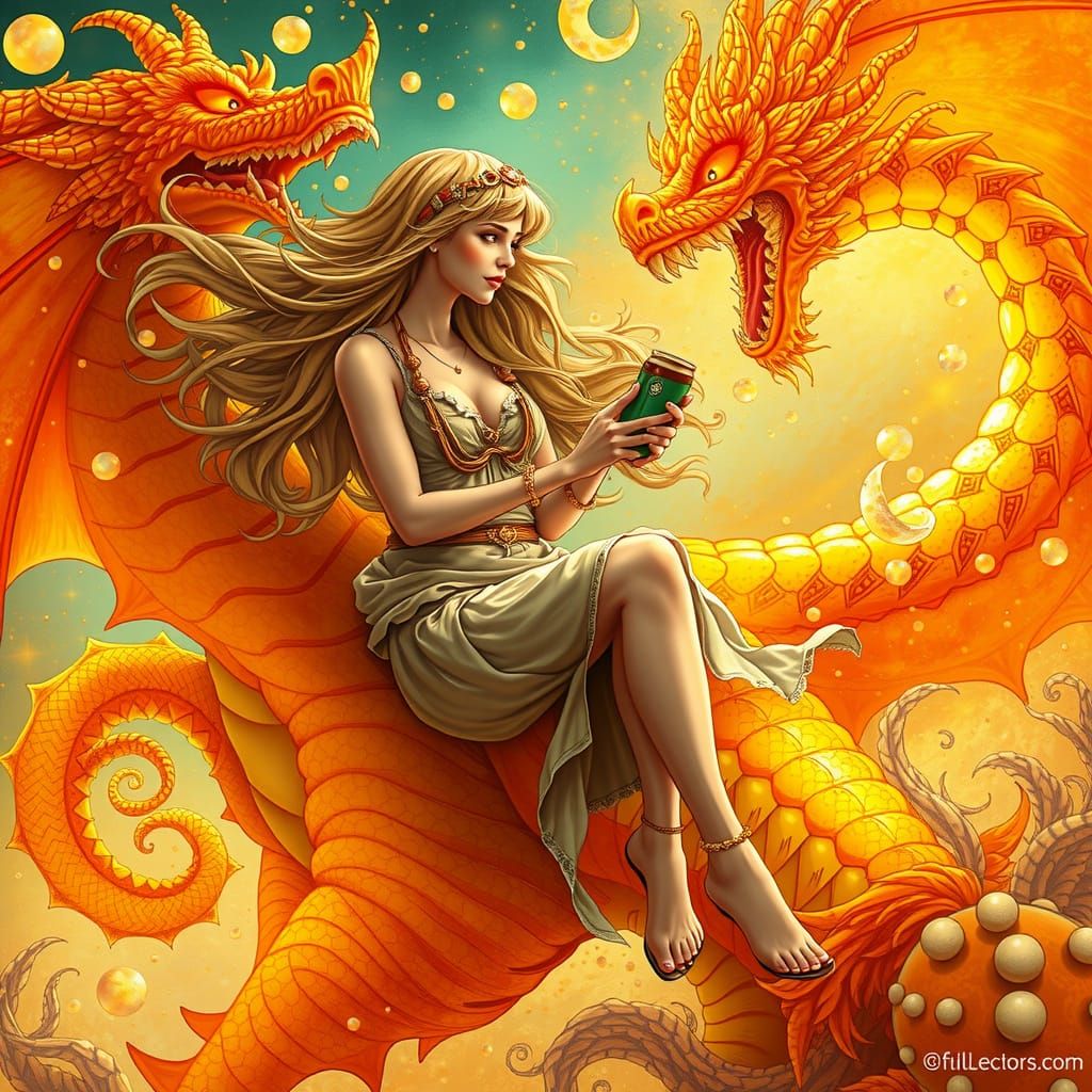 Bohemian Woman Riding Gummy Dragon in Soda Sea