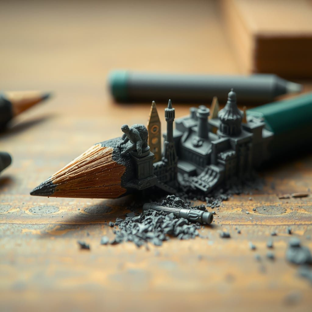 Pencil Creates Miniature City on Desk, Dreamlike Macro Photo...