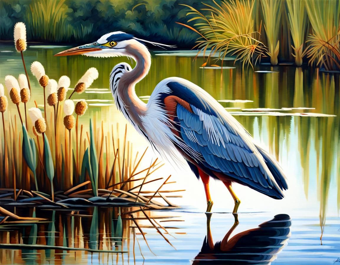Herons and Egrets in Marshland Oil Painting