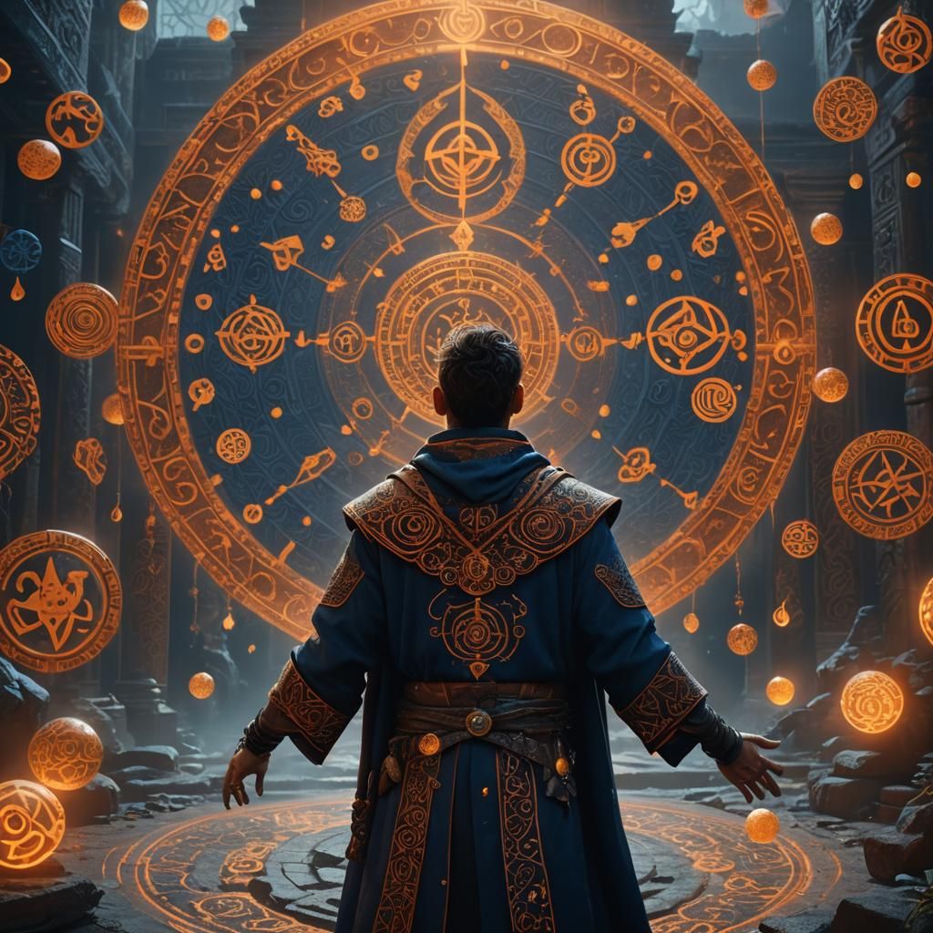 Mystical Man Surrounded by Glowing Symbols
