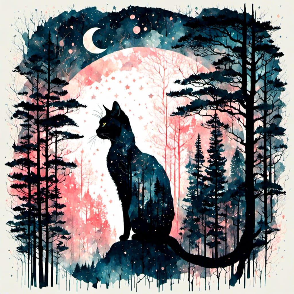 Cat Silhouette Double Exposure Snowy Forest Watercolor